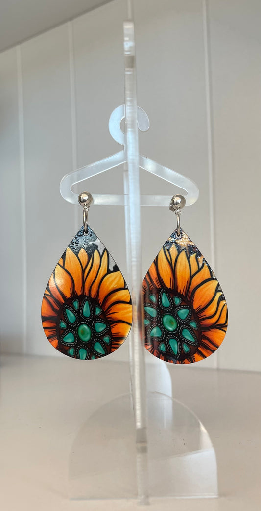 Sunflower Teal Jewel Teardrop Earrings